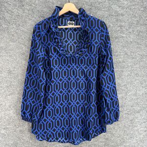Mudpie Blouse Women S Small Blue Geometric V-Neck Long Sleeve Pullover Casual